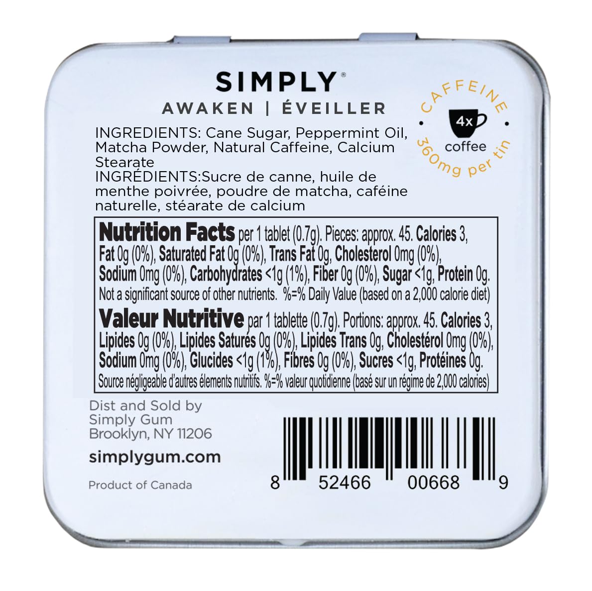 Simply Gum SIMPLY MINTS caffeinated tin open showing mints ready for a quick energy boost.
