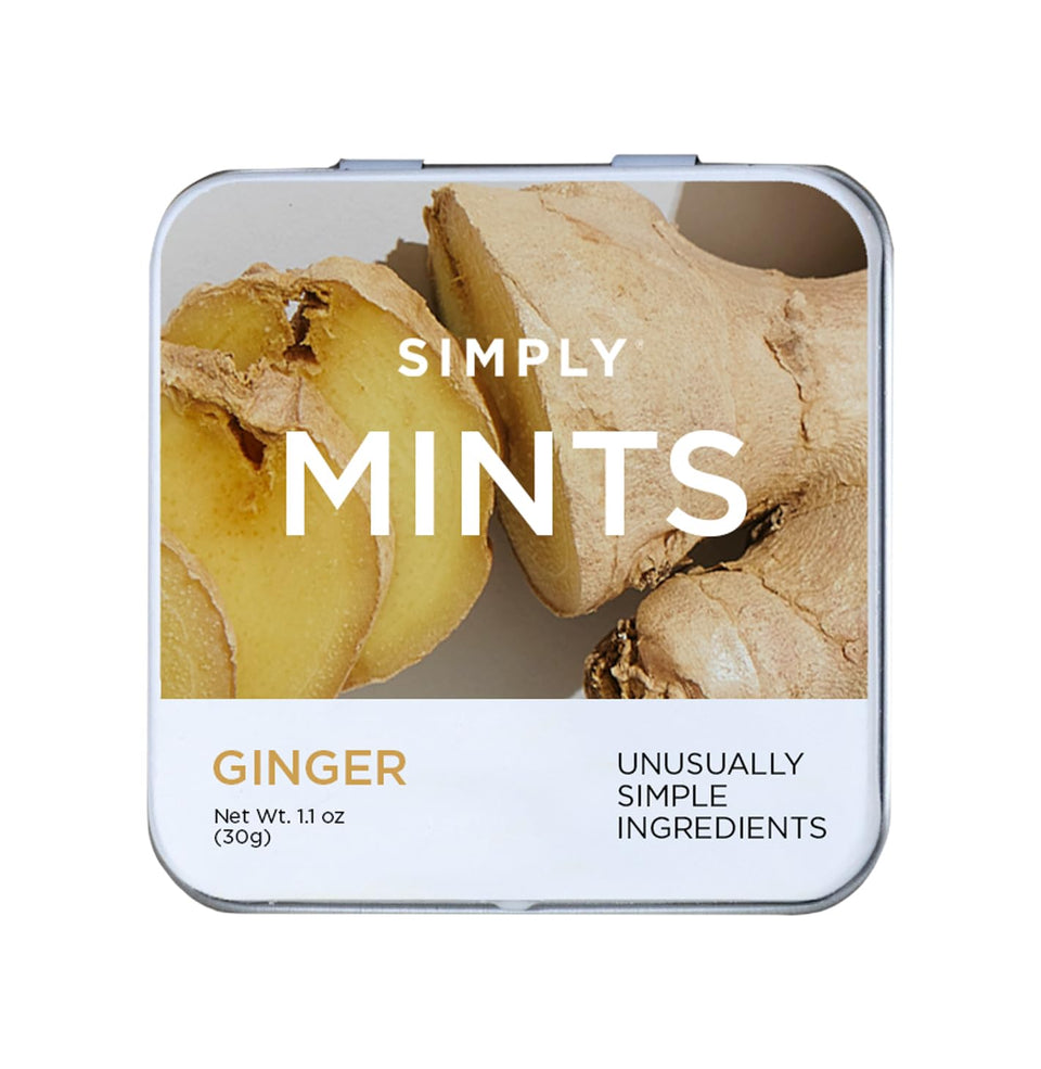 Simply Gum SIMPLY MINTS Ginger bottle highlights real ginger oil for a refreshing, warming bite