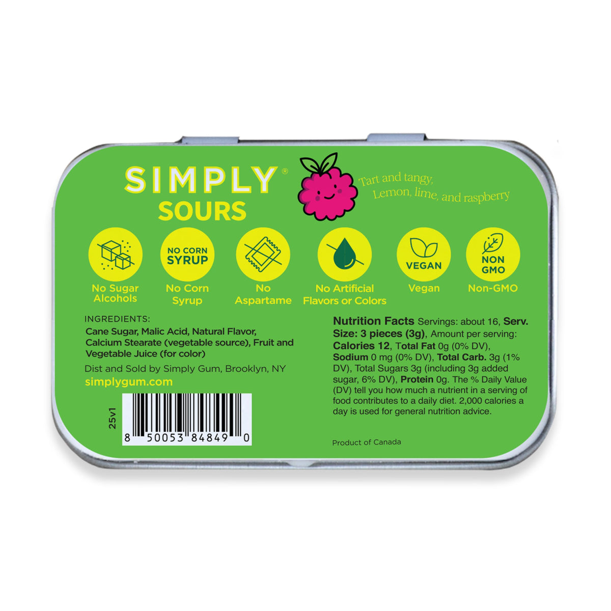 Simply Gum Citrus Berry ingredient info in a candy tin context