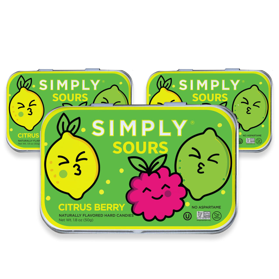 Simply Gum Citrus Berry sour candy tin label with travel-friendly packaging for on-the-go snacking