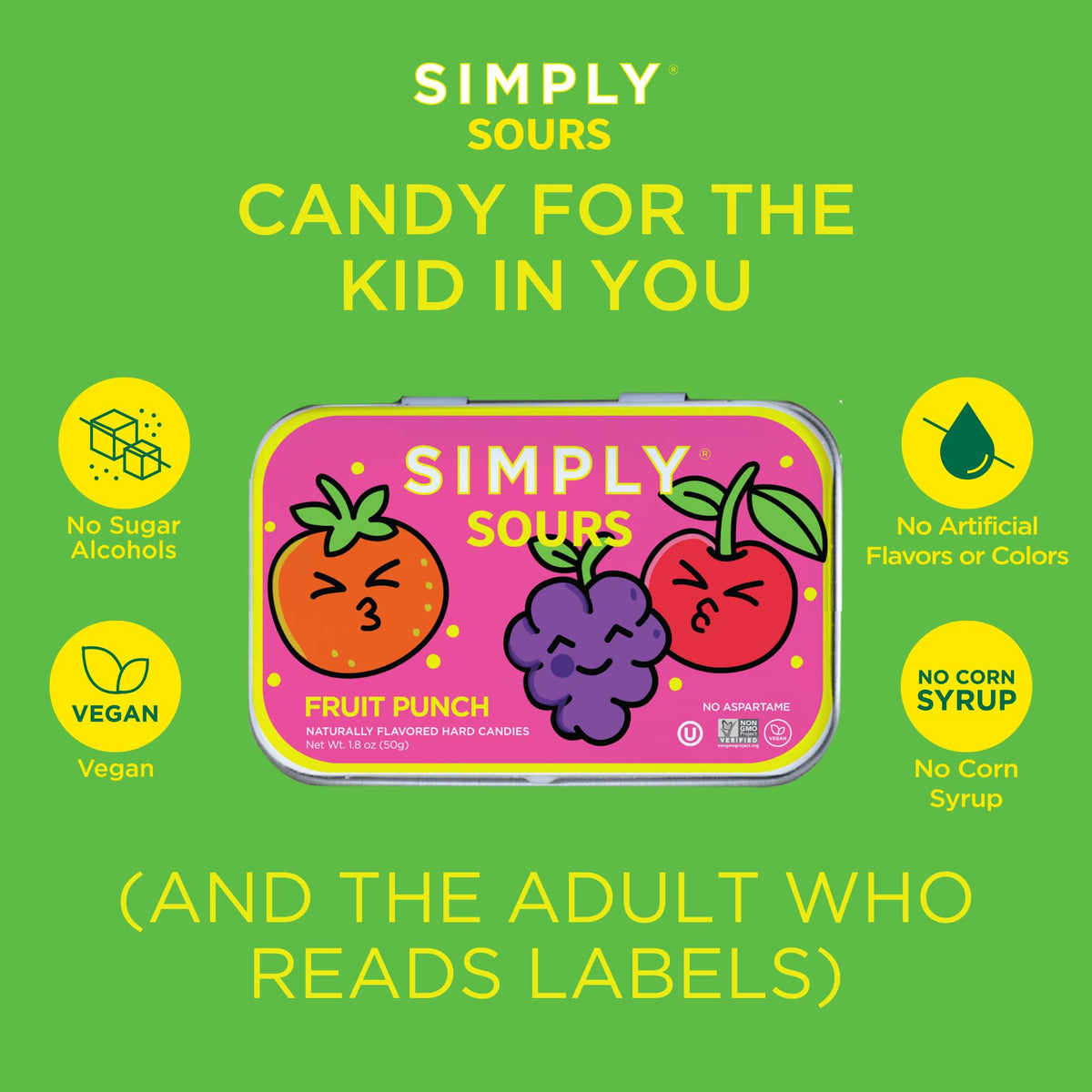 Simply Gum Sours Fruit Punch mints close-up, orange, grape, cherry colors.