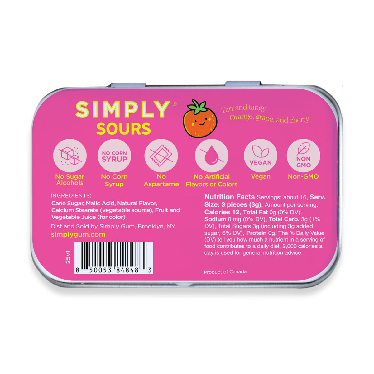 Simply Gum Sours Fruit Punch pack, 3 tins, ready for travel.
