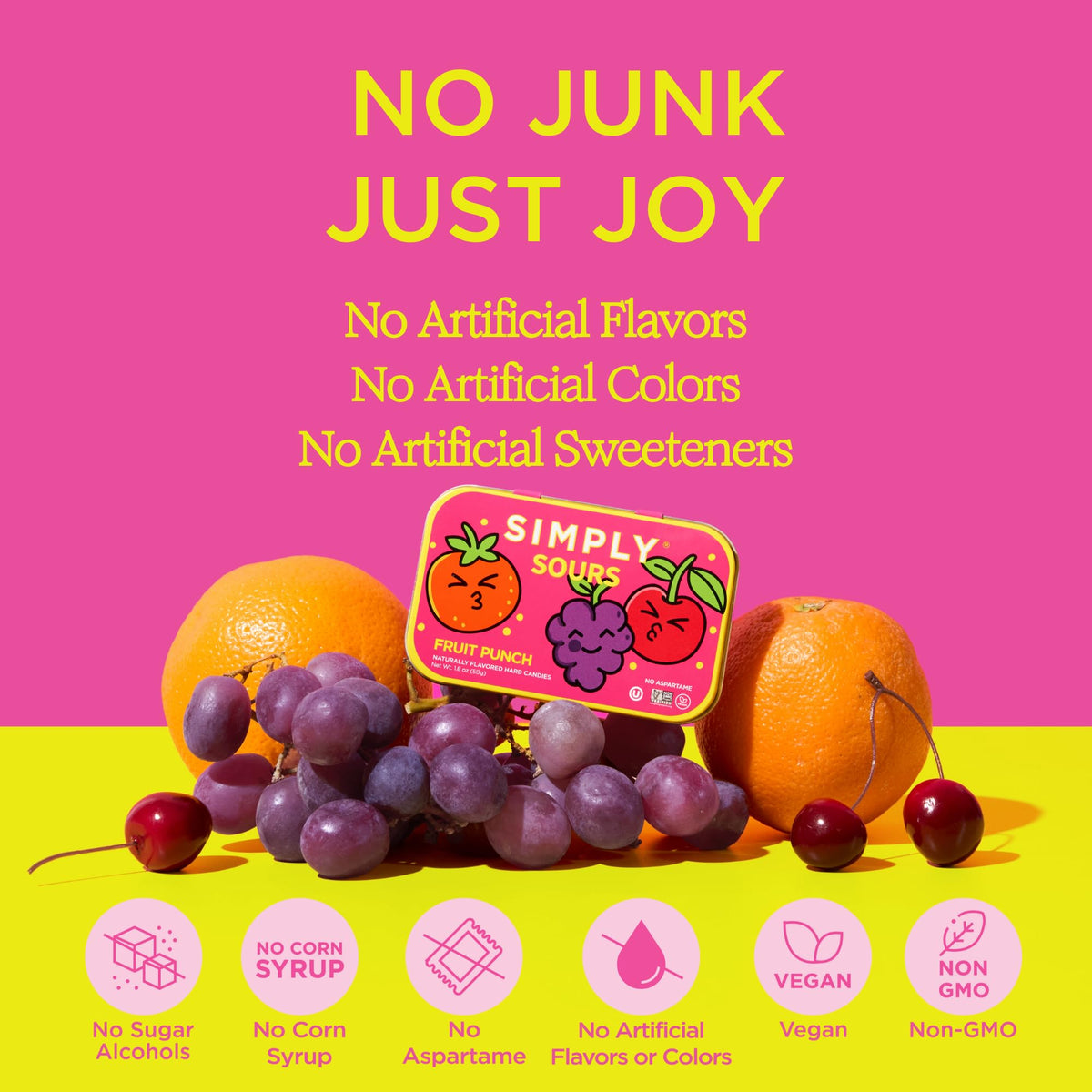Simply Gum Sours Fruit Punch tin back label, featuring clean ingredients for mindful snacking.