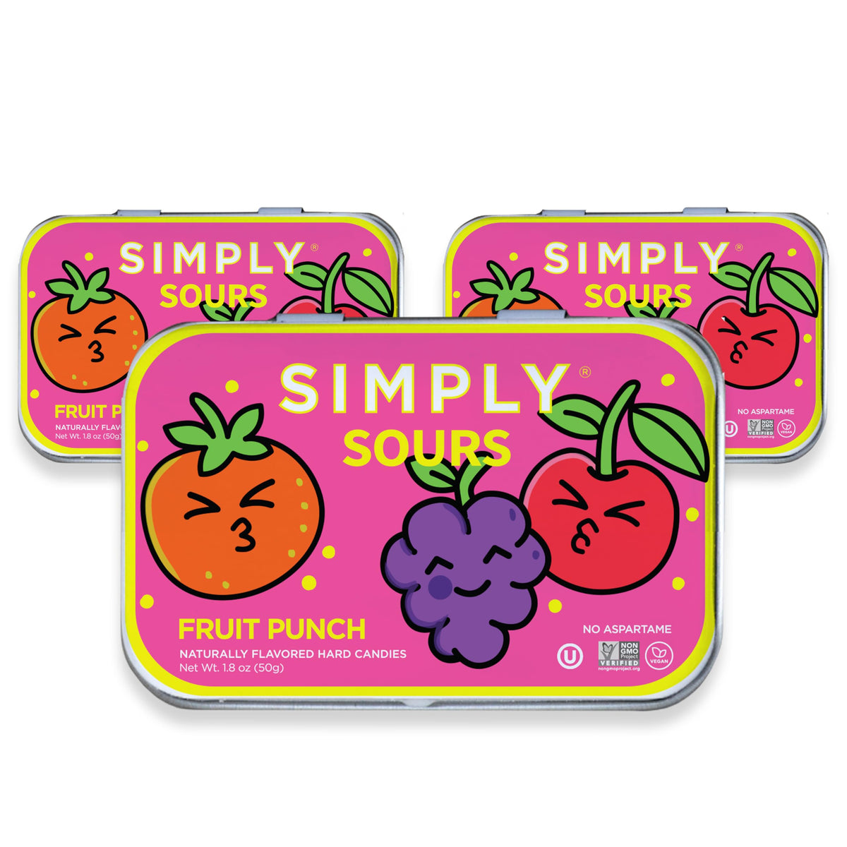 Simply Gum Sours Fruit Punch tin front view, ideal travel snack on the go.
