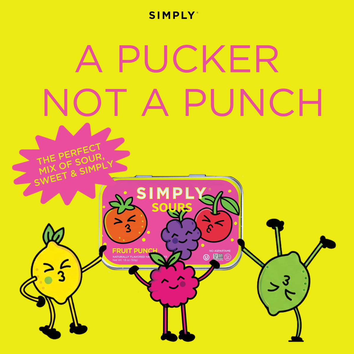 Simply Gum Sours Fruit Punch tins stacked, compact packaging for travel.