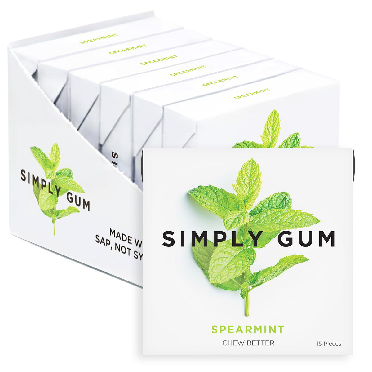 Simply Gum Spearmint pack close-up shows plastic-free, natural chewing experience.
