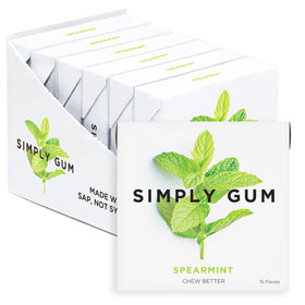 Simply Gum Spearmint pack close-up shows plastic-free, natural chewing experience.