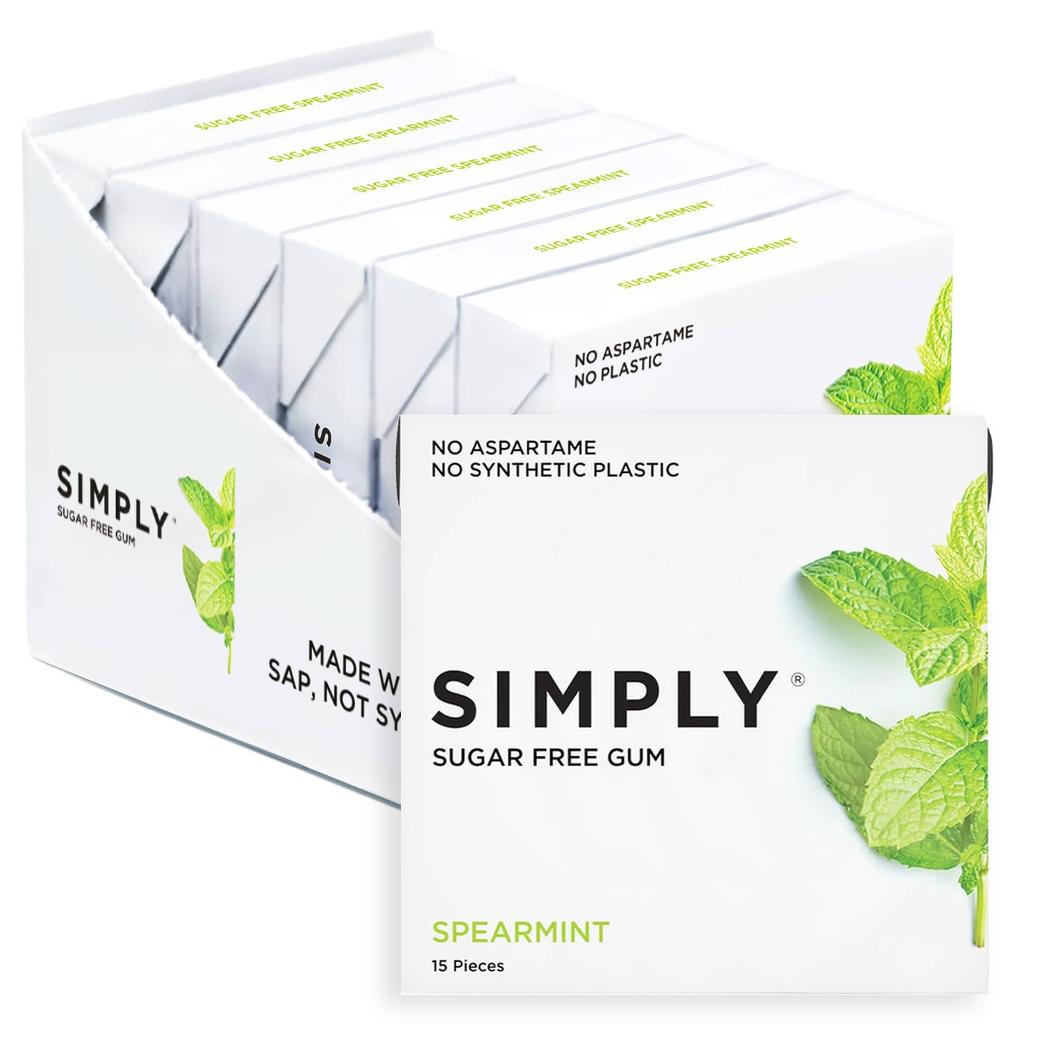 Simply Gum spearmint pack six provides a refreshing breath with natural flavor.