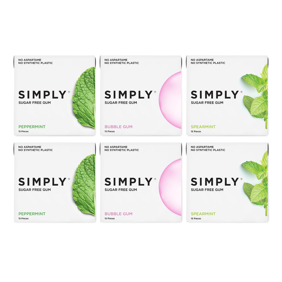 Simply Gum variety pack front view showing eco-friendly packaging and flavor options for everyday chewing