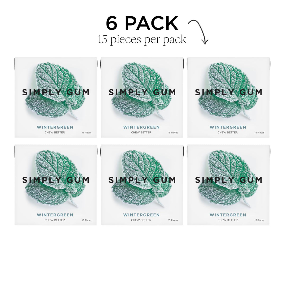 SIMPLY Gum Wintergreen open pack with individual gum pieces