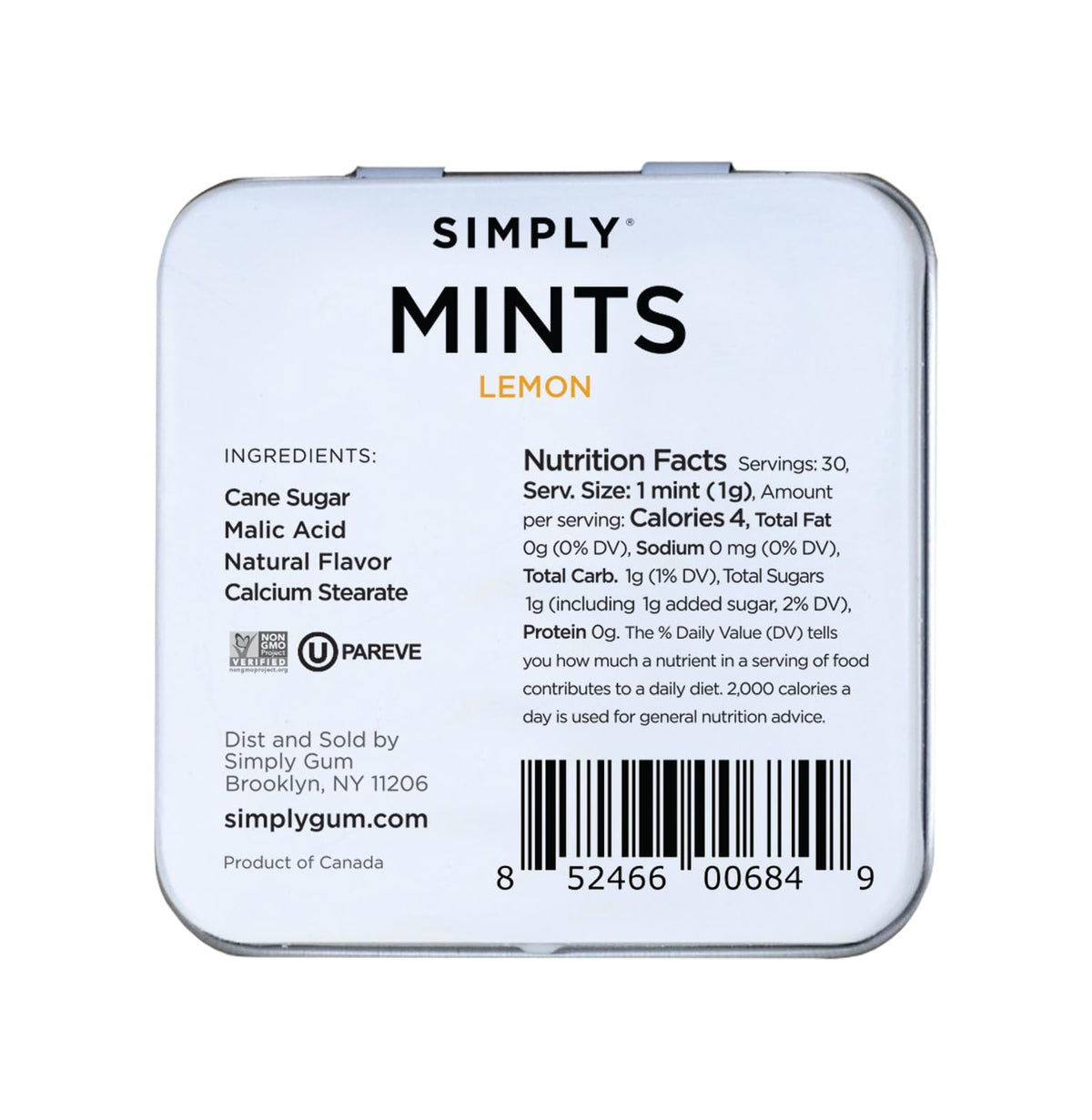 Simply MINTS lemon candy open tin displaying bite-size pieces for quick snacking.