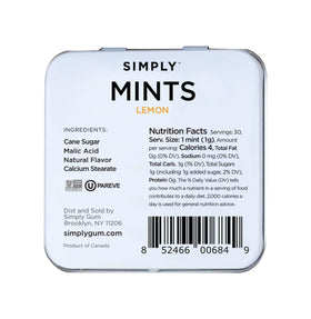 Simply MINTS lemon candy open tin displaying bite-size pieces for quick snacking.