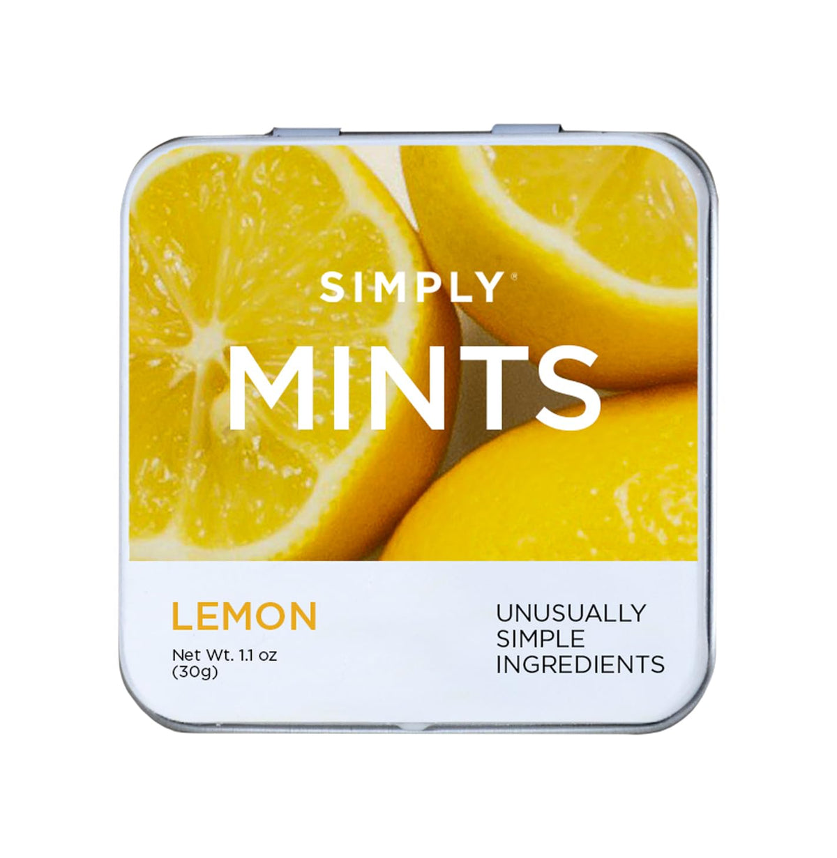 Simply MINTS lemon hard candy front view of six-tin pack for citrus refreshment.