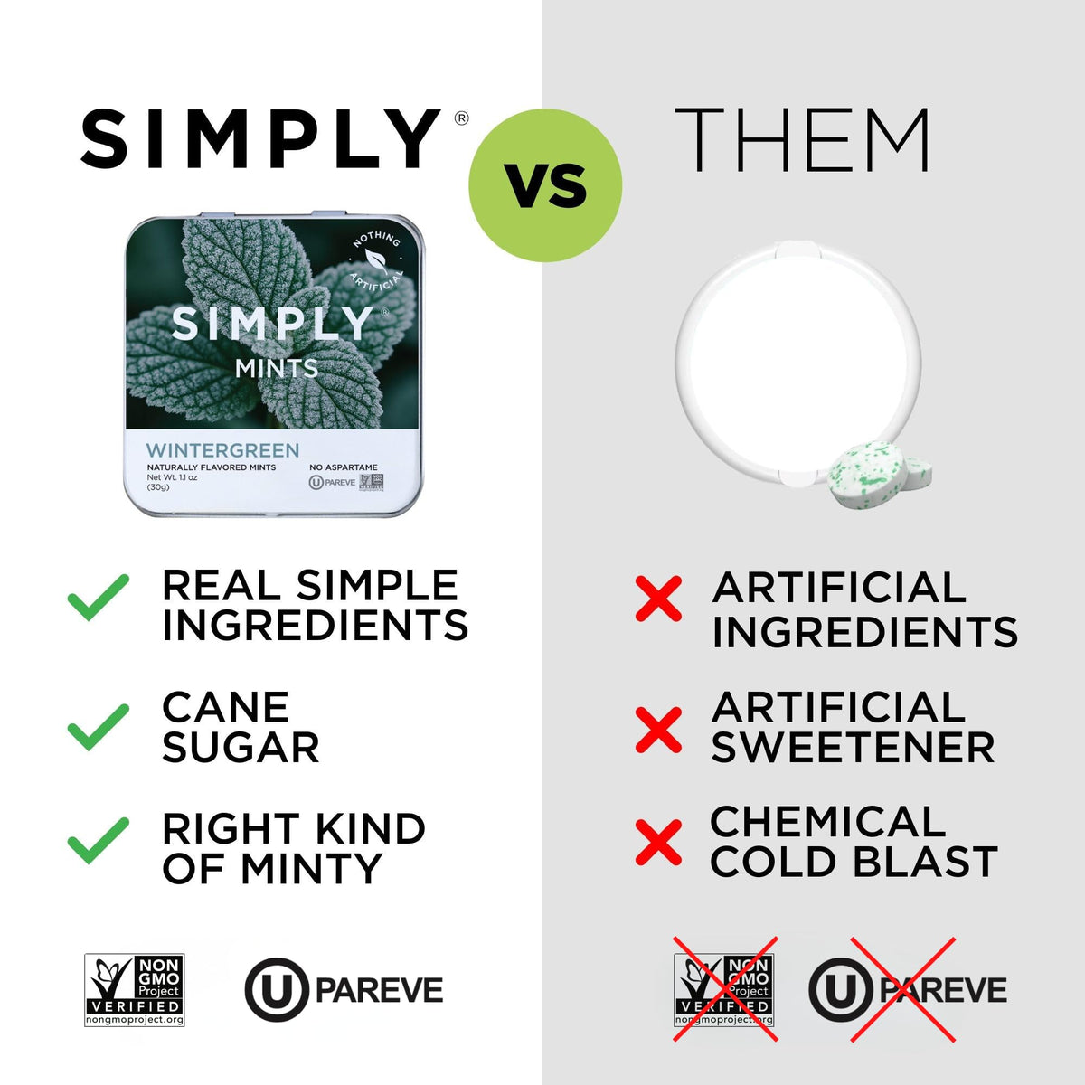 Simply Gum SIMPLY MINTS Wintergreen label close-up conveys vegan and non-GMO status.