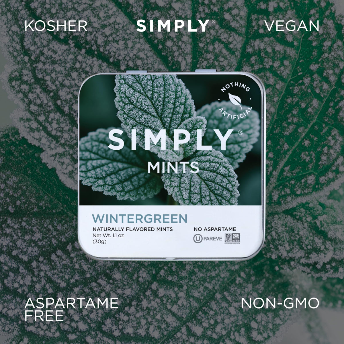 Simply Gum SIMPLY MINTS Wintergreen packaging front highlights six tins.