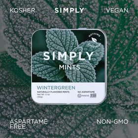Simply Gum SIMPLY MINTS Wintergreen packaging front highlights six tins.