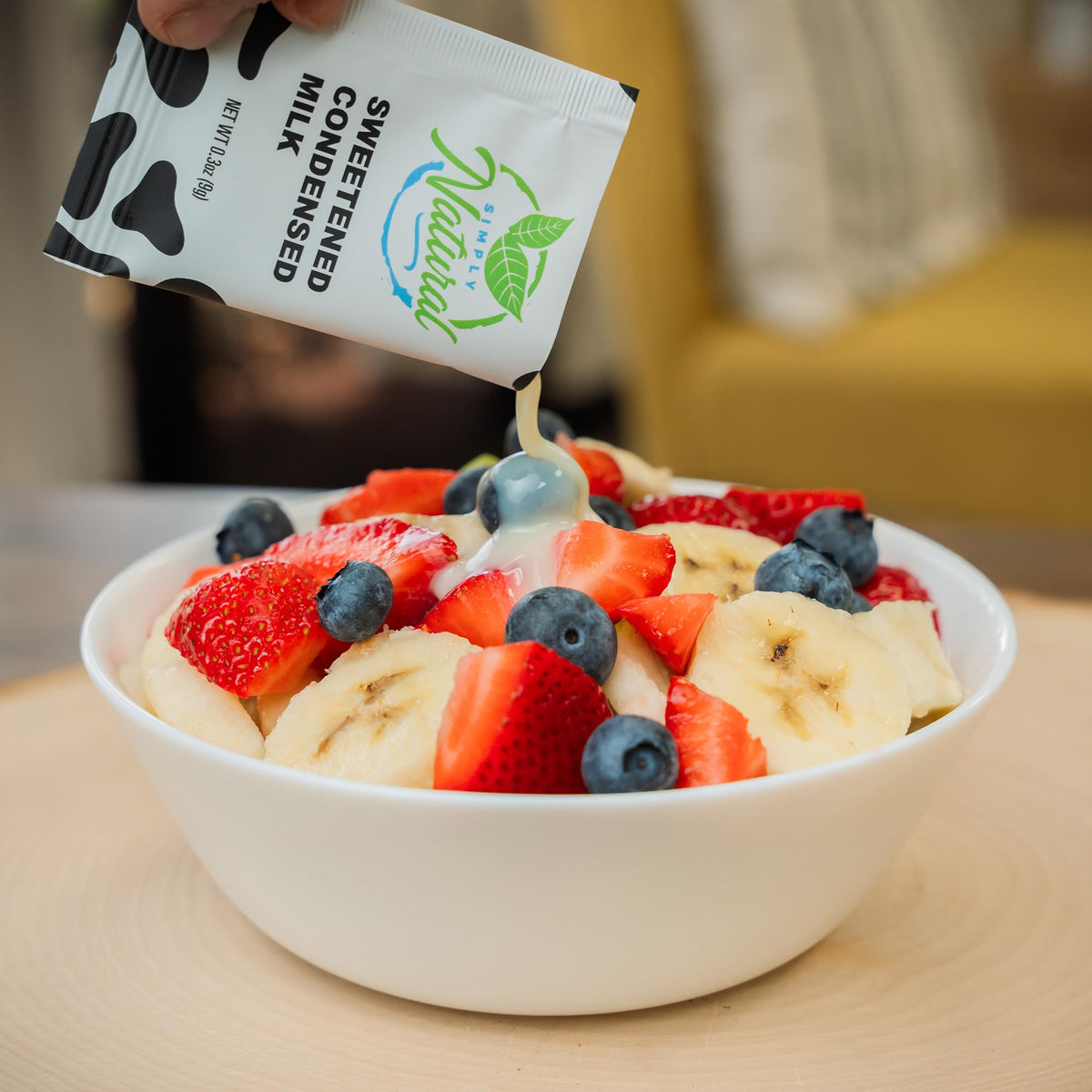 Single-serve sachet packaging of Simply Natural creamer ideal for travel