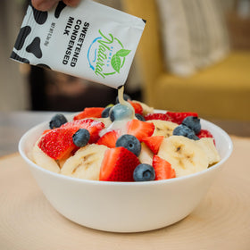 Single-serve sachet packaging of Simply Natural creamer ideal for travel