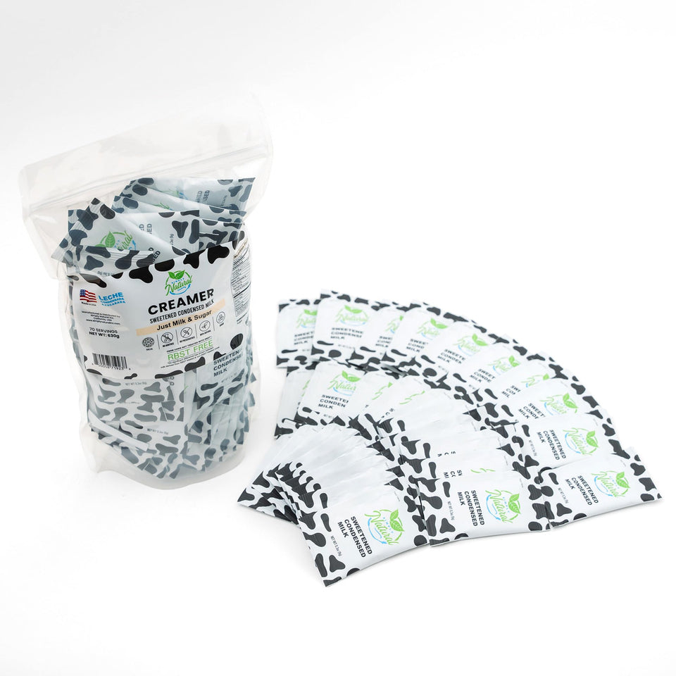 Simply Natural Sweetened Milk Creamer sachet poured into coffee for creamy sweetness