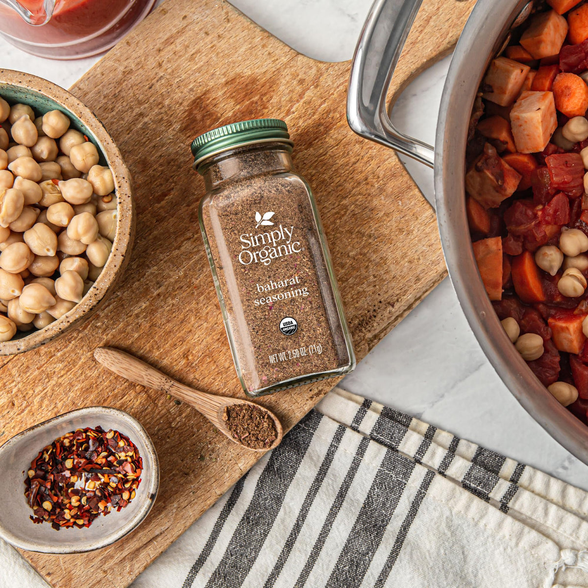 Simply Organic Baharat ground spices close-up delivering bold, aromatic flavor.