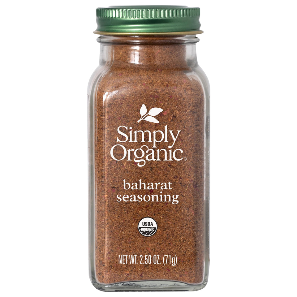 Simply Organic Baharat seasoning jar close-up for lamb and rice.