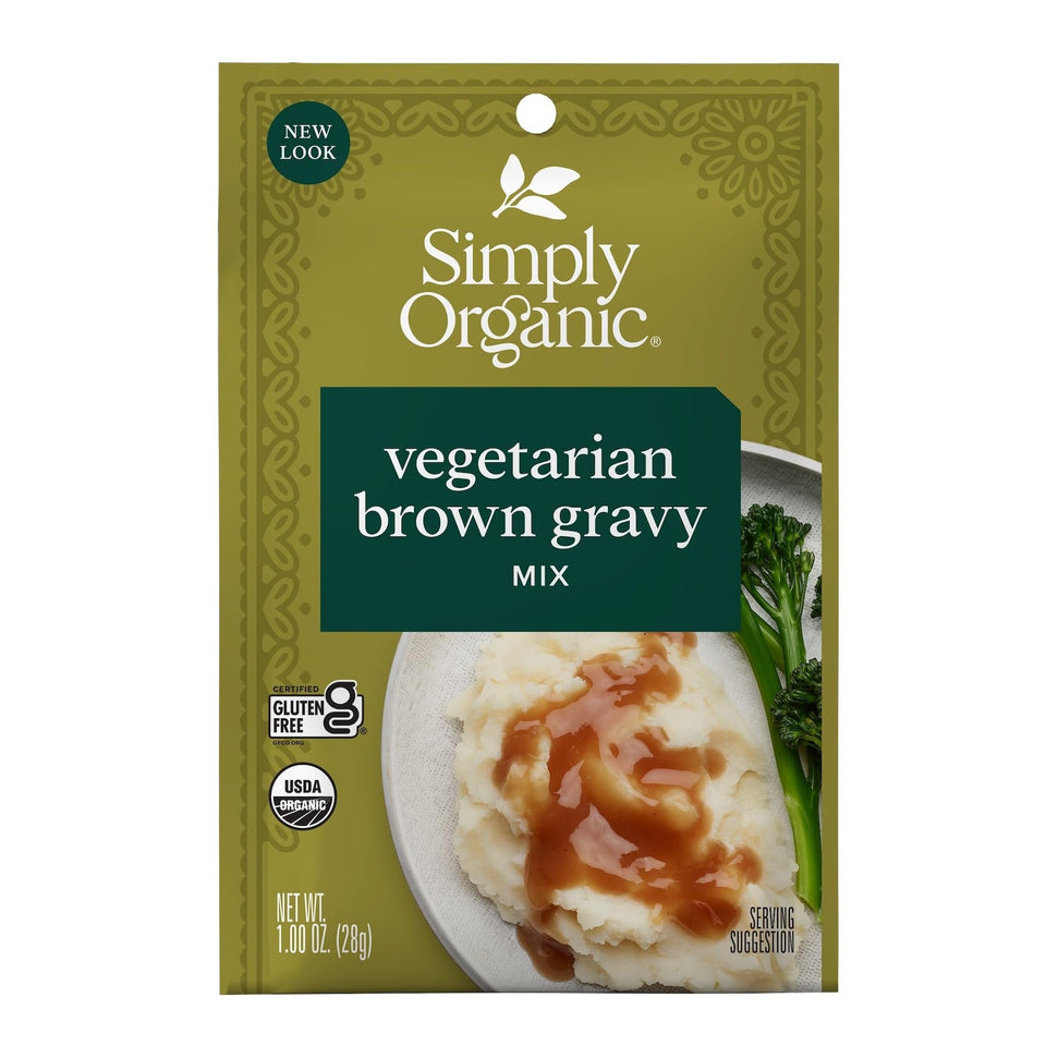 Simply Organic brown gravy mix box front for rich, ready-to-use flavor.