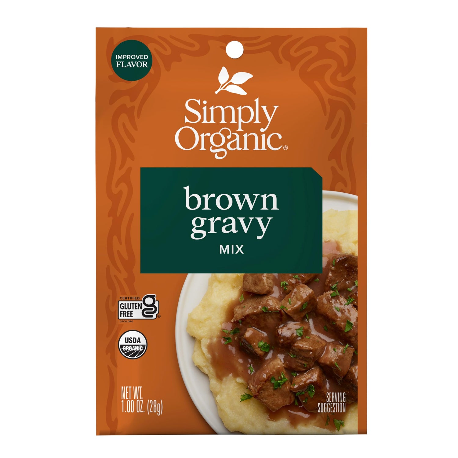 Simply Organic Brown Gravy Mix packaging, gluten-free and convenient.