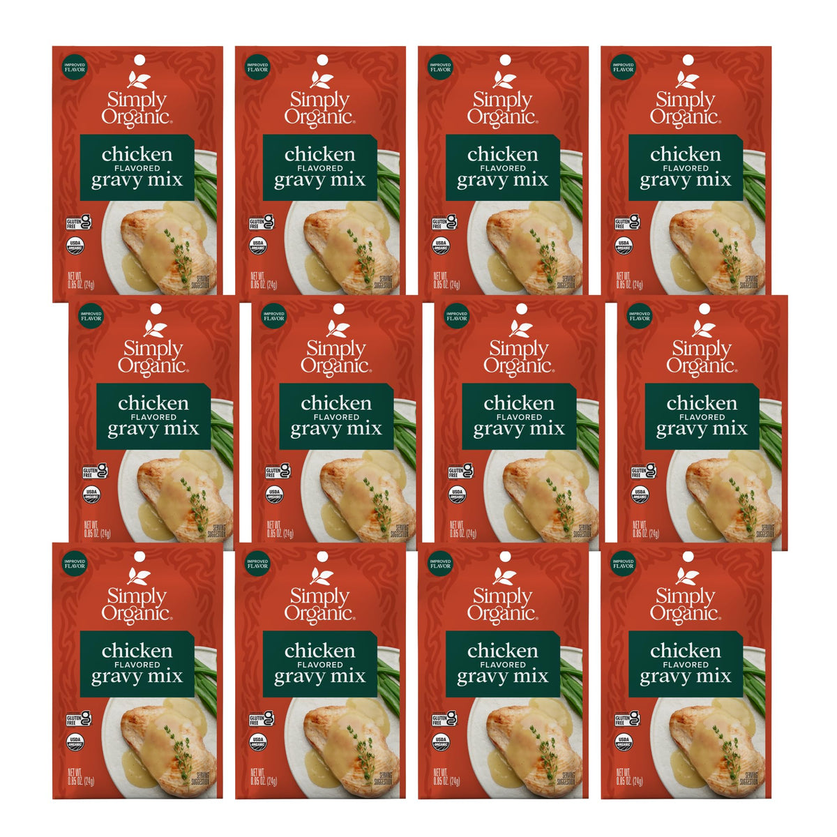 Simply Organic chicken gravy mix packaging showing 12 convenient packets.