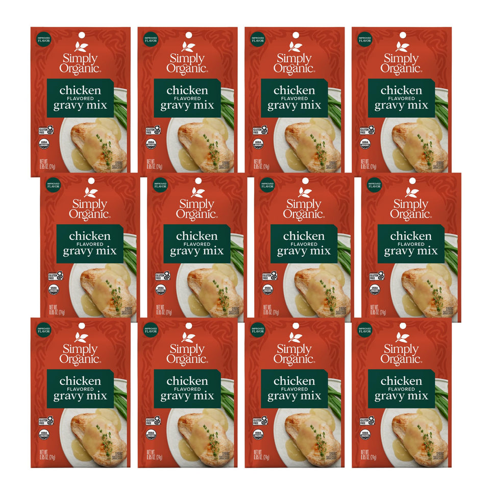 Simply Organic chicken gravy mix packaging showing 12 convenient packets.