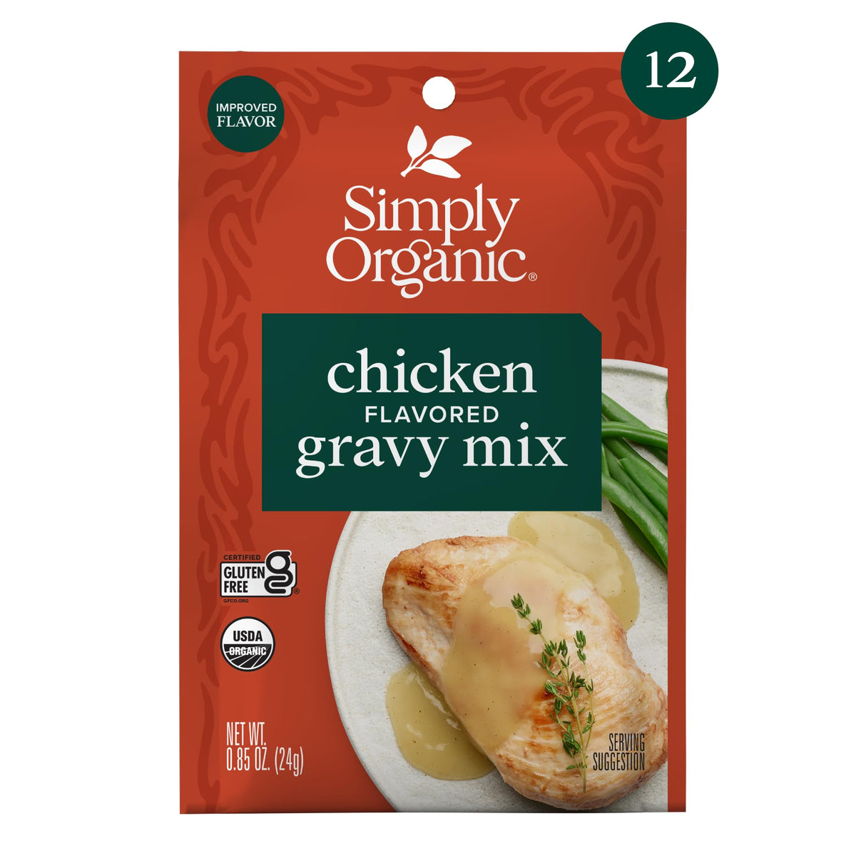 Simply Organic chicken gravy mix packets 0.85 oz each for easy use.