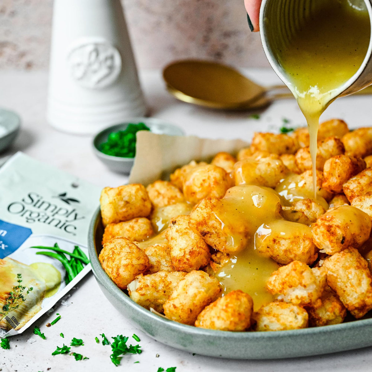 Finished Simply Organic chicken gravy poured over a dish for rich flavor.