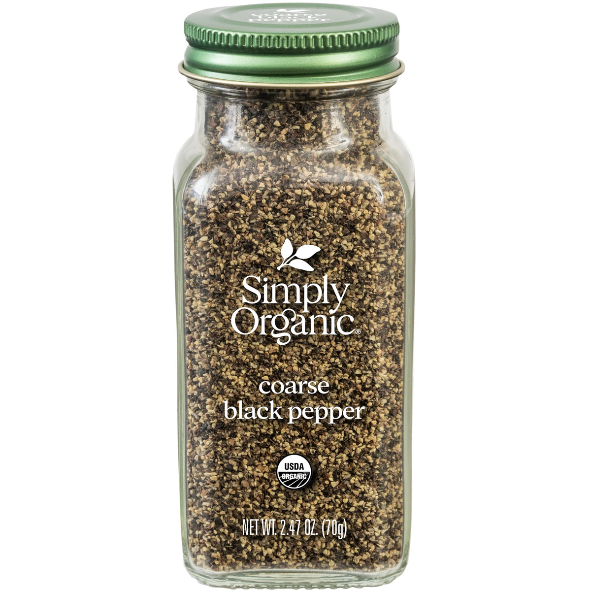 Simply Organic coarse-ground black pepper bottle with bold aroma for everyday seasoning