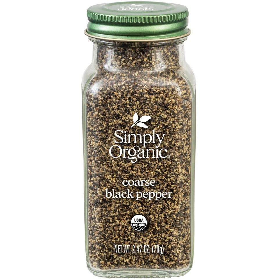 Simply Organic coarse-ground black pepper bottle with bold aroma for everyday seasoning