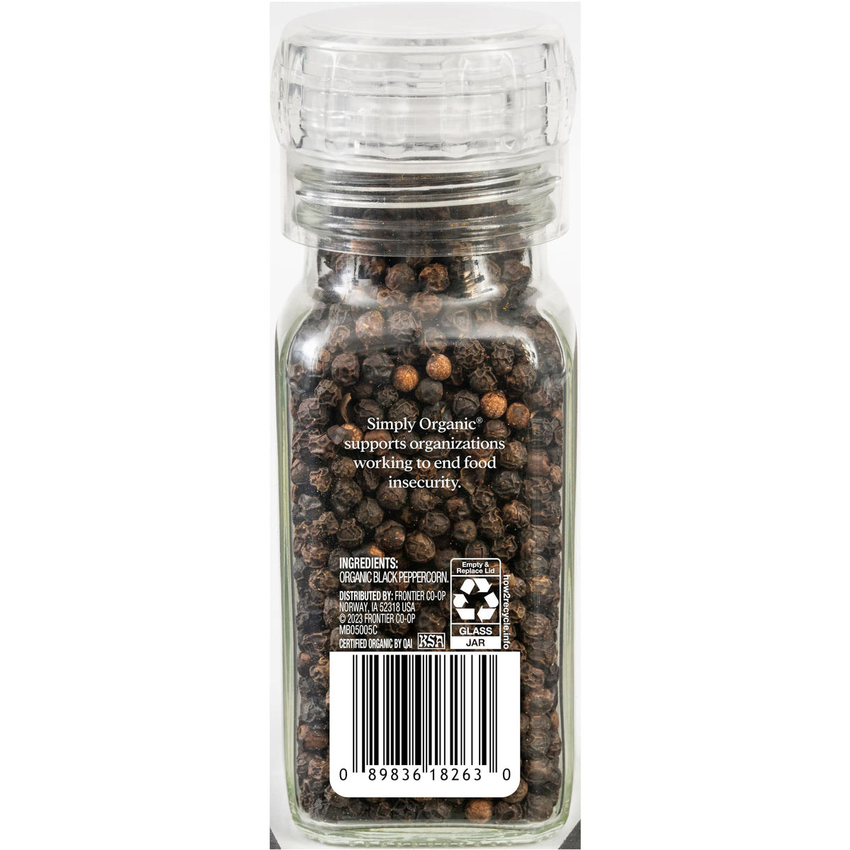 Simply Organic peppercorns with adjustable grinder for coarse to fine pepper.