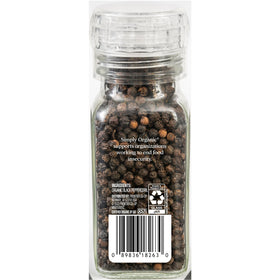 Simply Organic peppercorns with adjustable grinder for coarse to fine pepper.