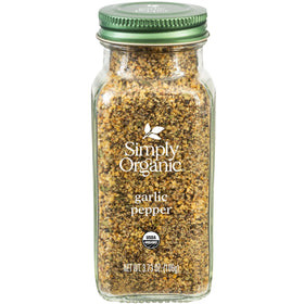 Simply Organic Garlic Pepper bottle on kitchen counter boosts flavor in poultry, pasta, and vegetables.