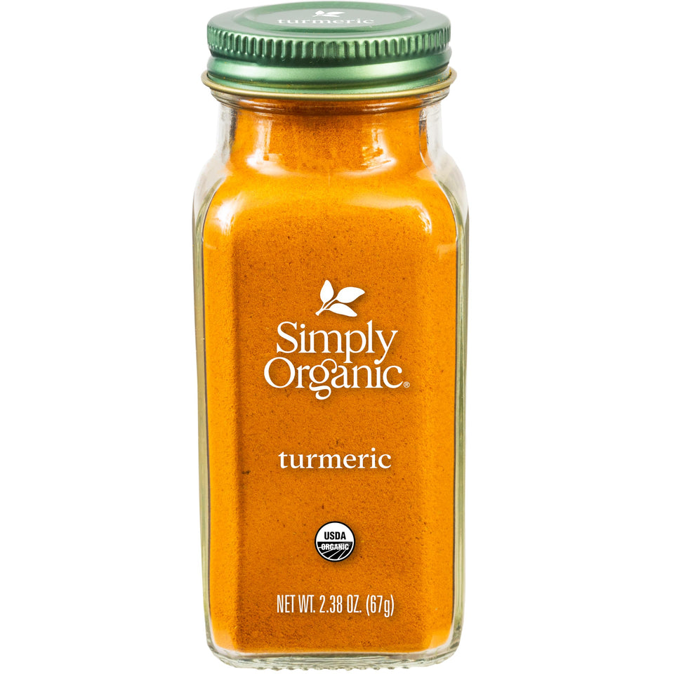 Simply Organic ground turmeric bottle showing rich color ideal for curries.