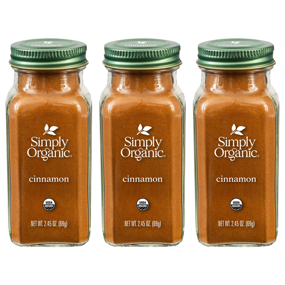 Simply Organic Ground Vietnamese Cinnamon jar pack-3 on shelf adds warm, versatile flavor to meals.
