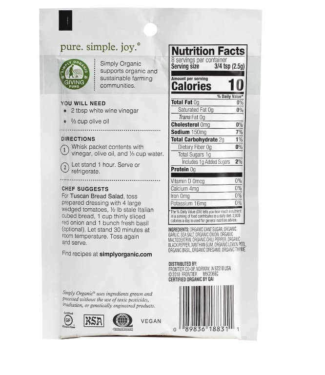 Simply Organic Italian Dressing Mix on a kitchen counter, easy seasoning for meats and tofu.