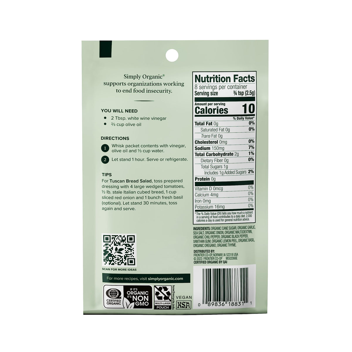 Simply Organic Italian Dressing Mix 12-pack label view, a convenient pantry staple.
