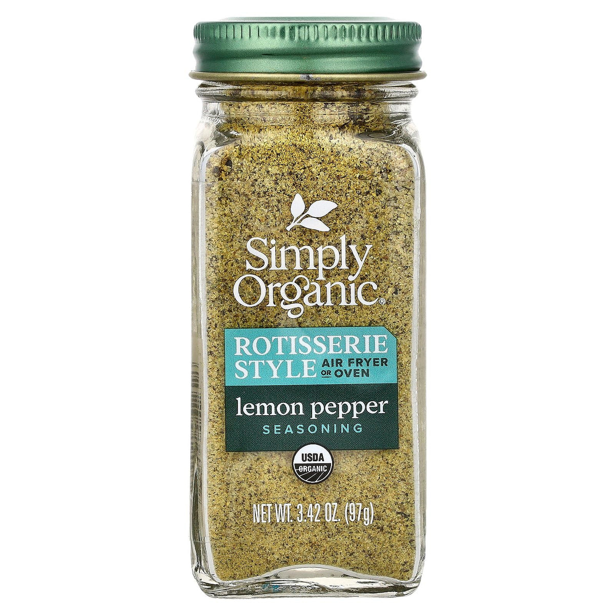 Simply Organic Lemon Pepper Rotisserie Seasoning bottle front for zesty, versatile seasoning ideas