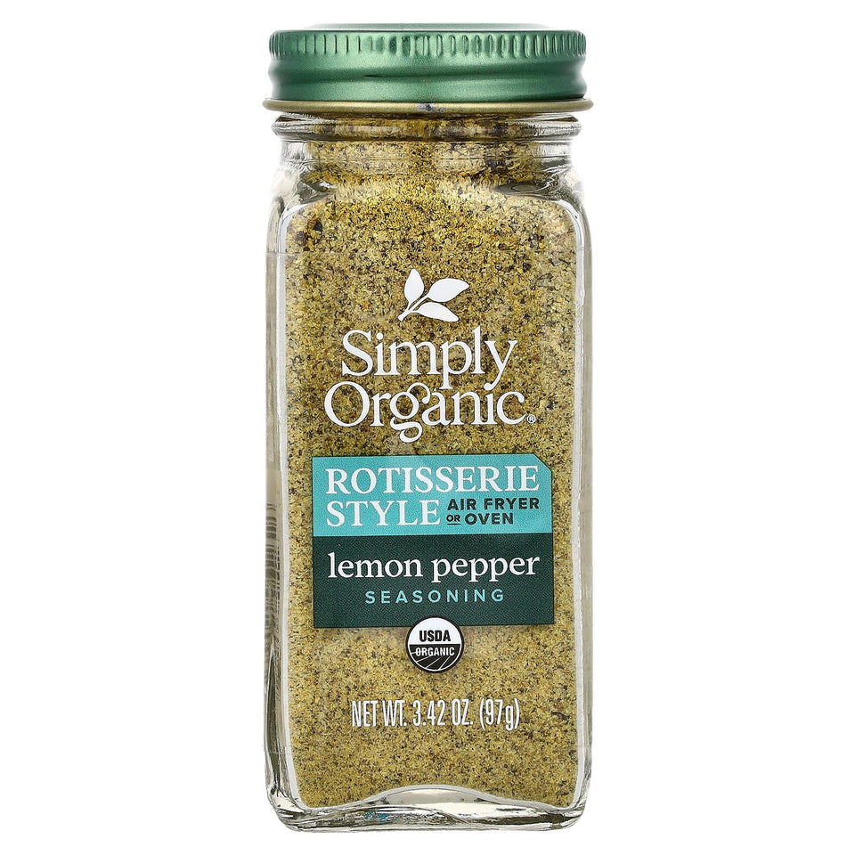 Simply Organic Lemon Pepper Rotisserie Seasoning bottle front for zesty, versatile seasoning ideas