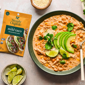 Simply Organic Mild Taco Seasoning in a bright kitchen scene for easy dinner prep.