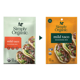 Simply Organic Mild Taco Seasoning packaging on shelf highlighting organic label.