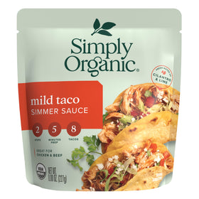 Simply Organic Mild Taco Simmer Sauce bottle displayed, ideal for vibrant chicken taco fillings.