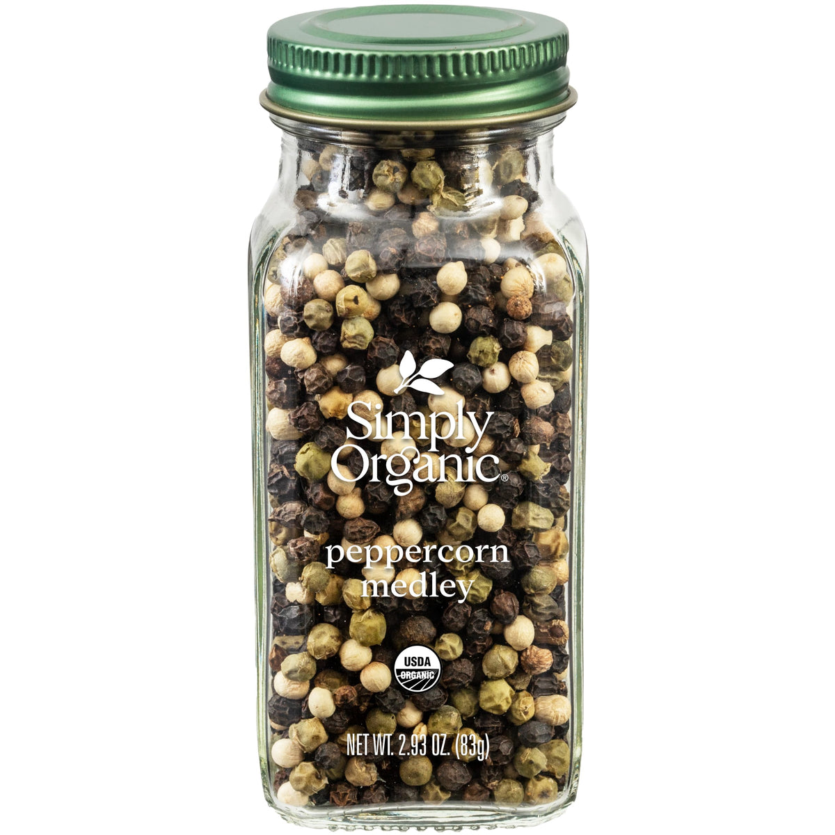 Simply Organic Peppercorn Medley bottle adds vibrant aroma to salads and roasts
