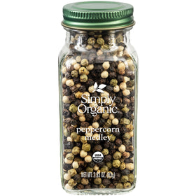Simply Organic Peppercorn Medley bottle adds vibrant aroma to salads and roasts