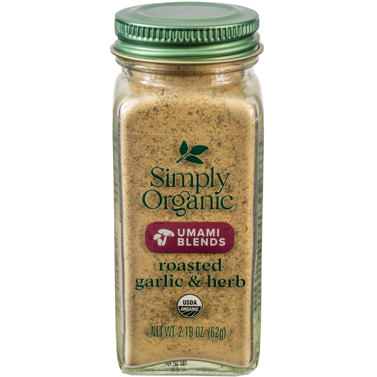 Simply Organic Roasted Garlic & Herb Umami Blend jar adds rich flavor to meals.