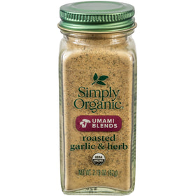 Simply Organic Roasted Garlic & Herb Umami Blend jar adds rich flavor to meals.