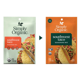 Pack of 12 Simply Organic Southwest Taco Seasoning bottles on a pantry shelf.